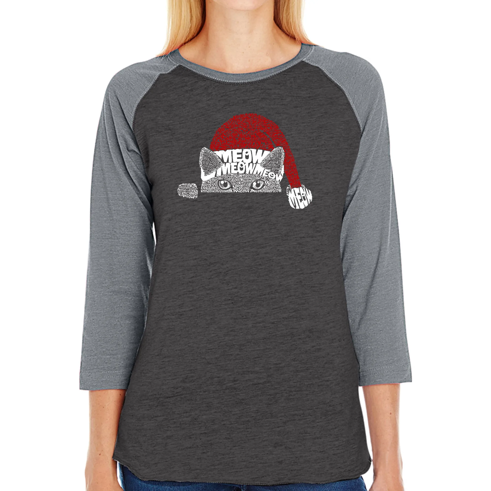 Christmas Peeking Cat - Women's Raglan Word Art T-Shirt sold by LA Pop Art product image thumbnail 4