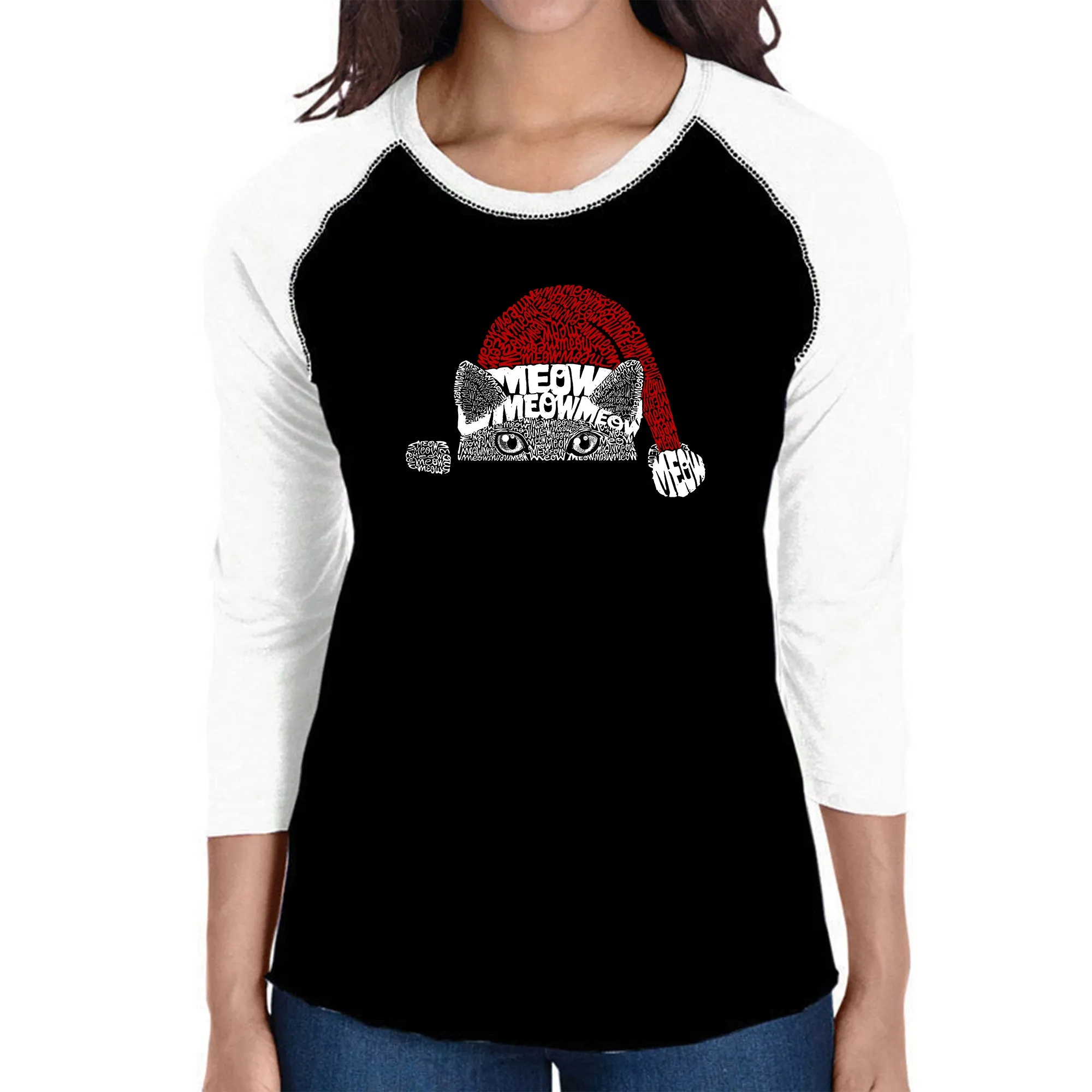 Christmas Peeking Cat - Women's Raglan Word Art T-Shirt sold by LA Pop Art