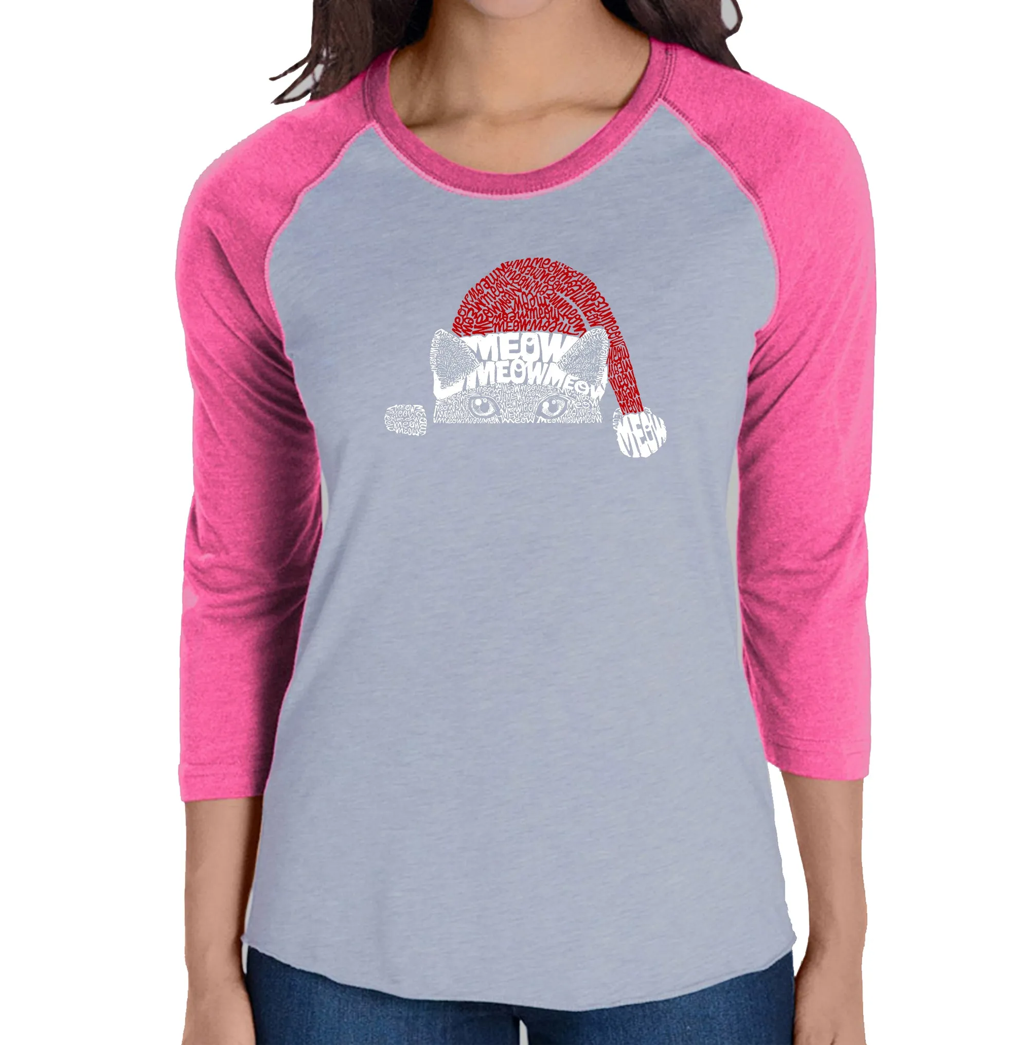 Christmas Peeking Cat - Women's Raglan Word Art T-Shirt sold by LA Pop Art product image thumbnail 3