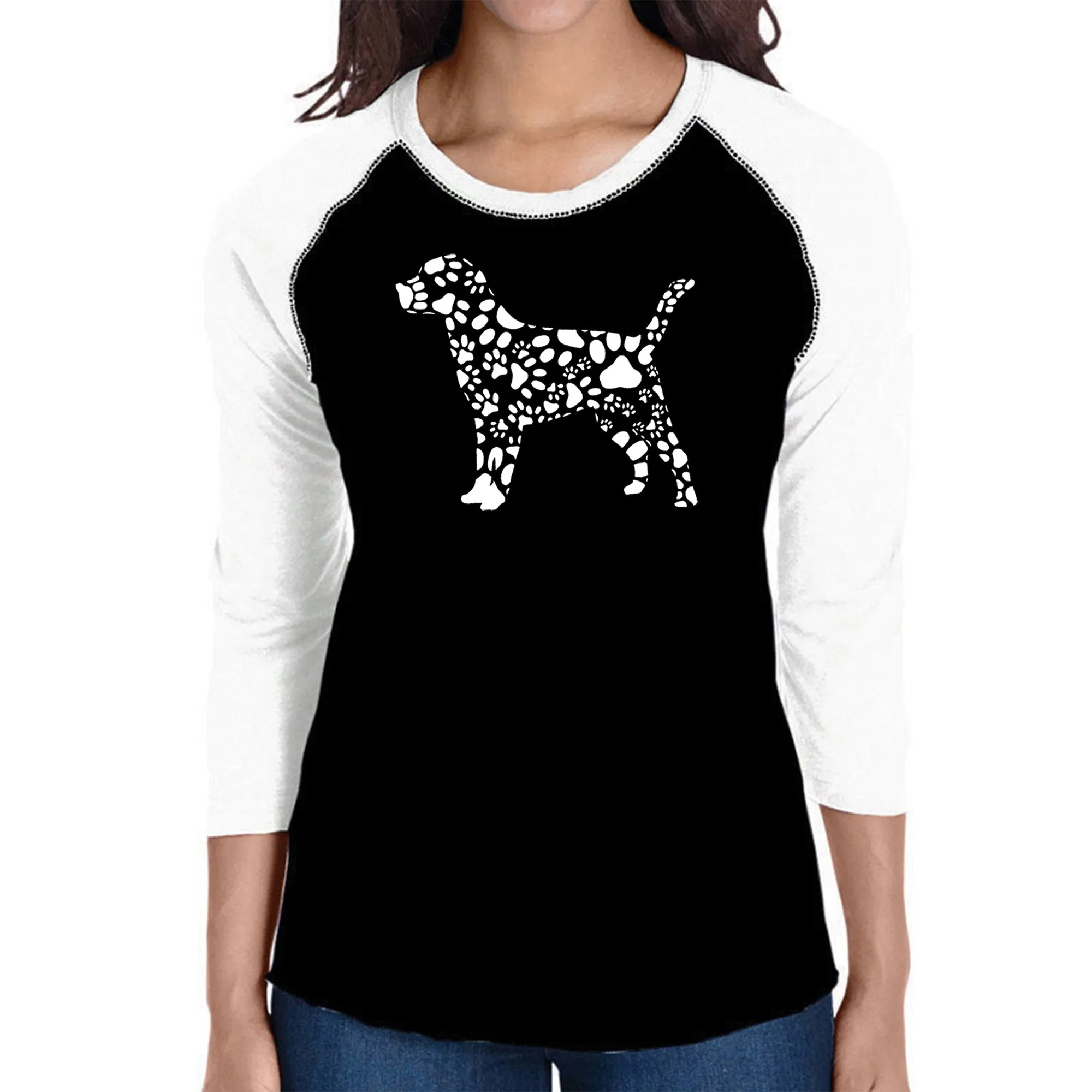 Dog Paw Prints - Women's Raglan Word Art T-Shirt sold by LA Pop Art
