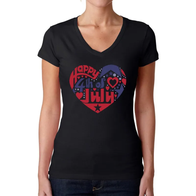 Women's Word Art V-Neck T-Shirt - July 4th Heart sold by LA Pop Art