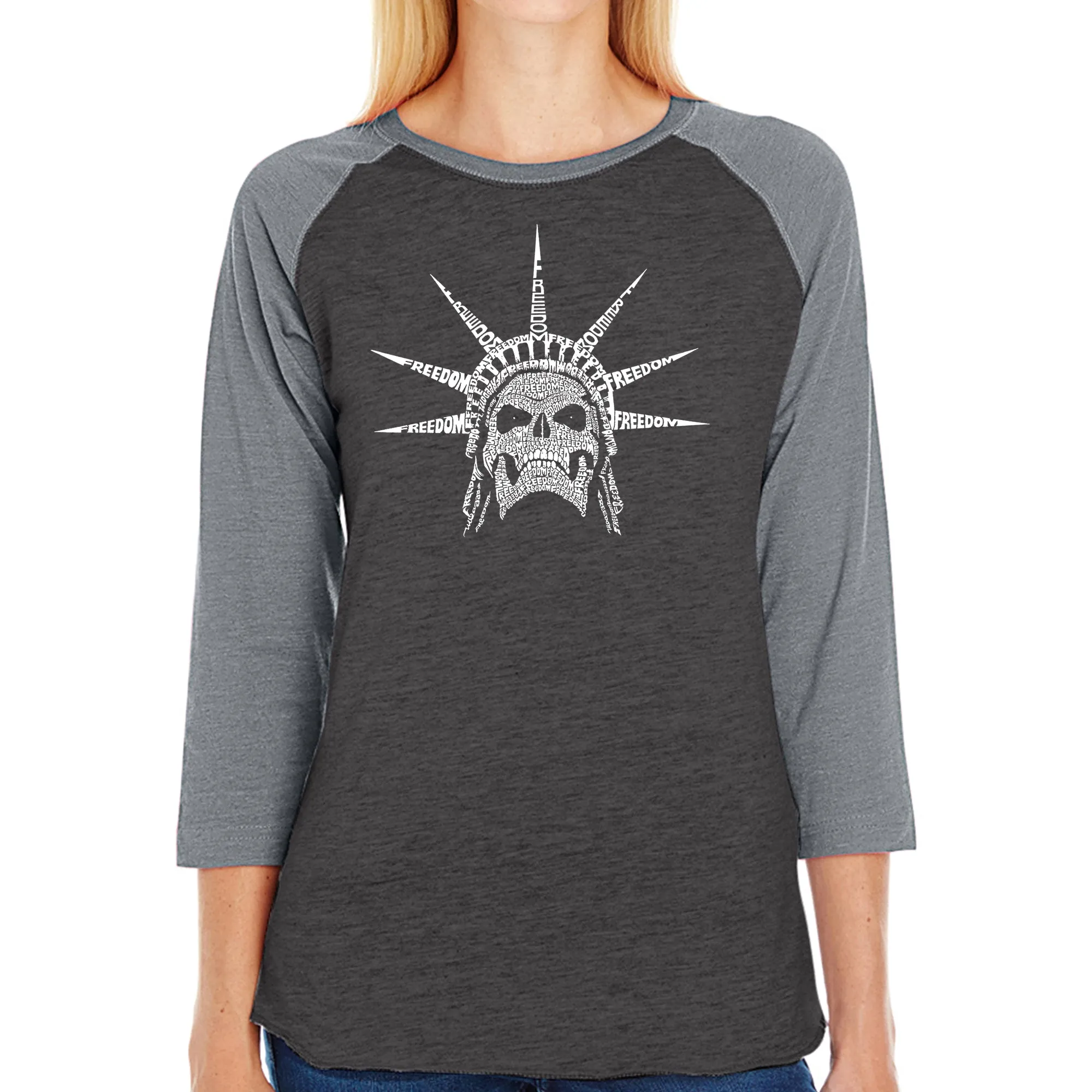 Freedom Skull - Women's Raglan Word Art T-Shirt sold by LA Pop Art product image thumbnail 4
