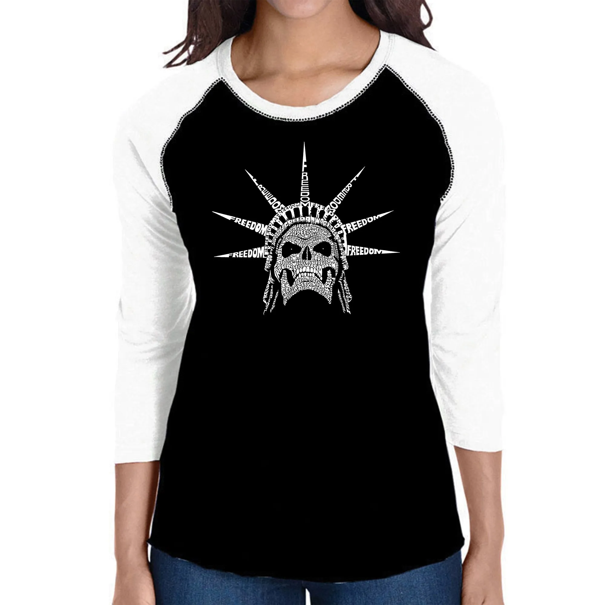 Freedom Skull - Women's Raglan Word Art T-Shirt sold by LA Pop Art