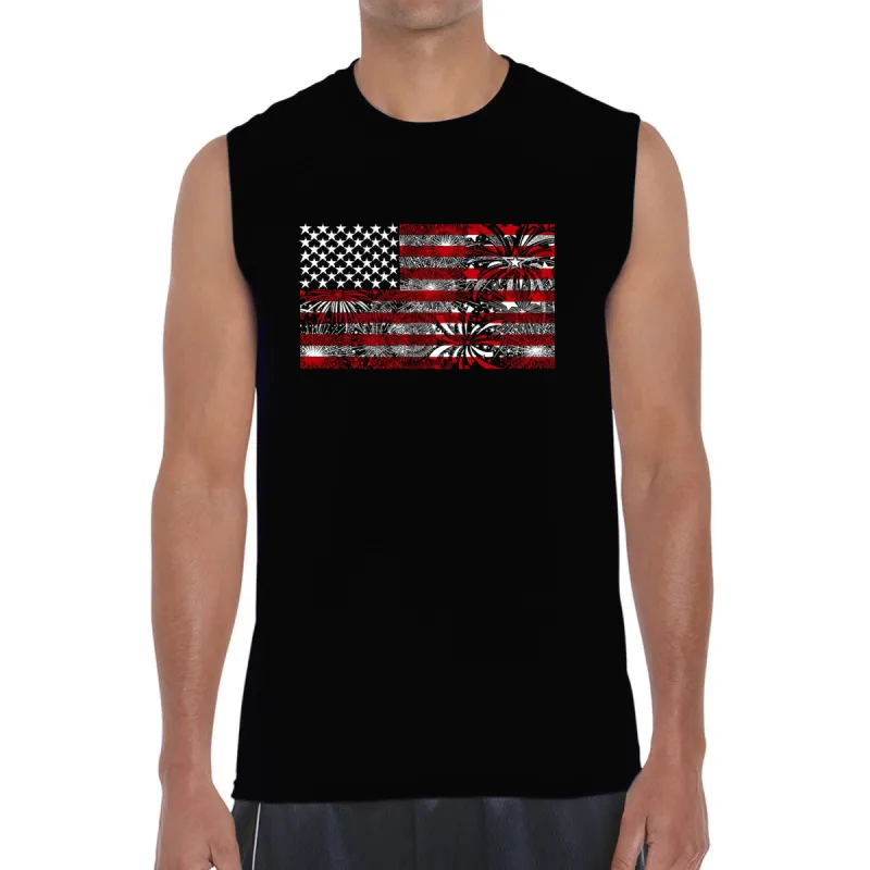 Men's Word Art Sleeveless T-shirt - Fireworks American Flag sold by LA Pop Art