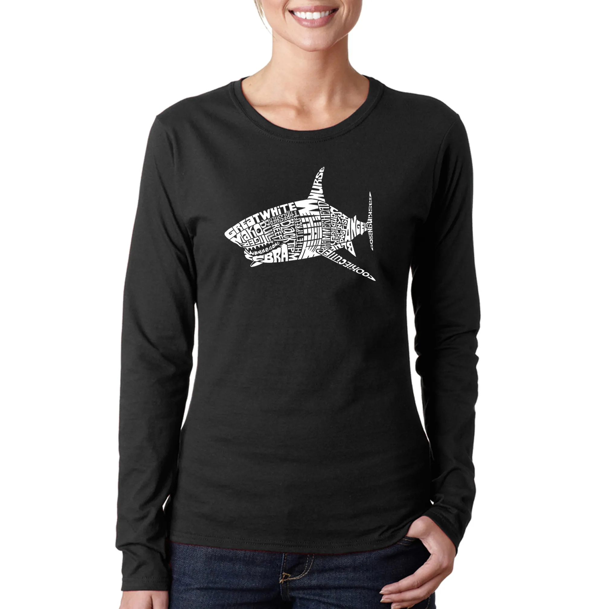 SPECIES OF SHARK - Women's Word Art Long Sleeve T-Shirt sold by LA Pop Art