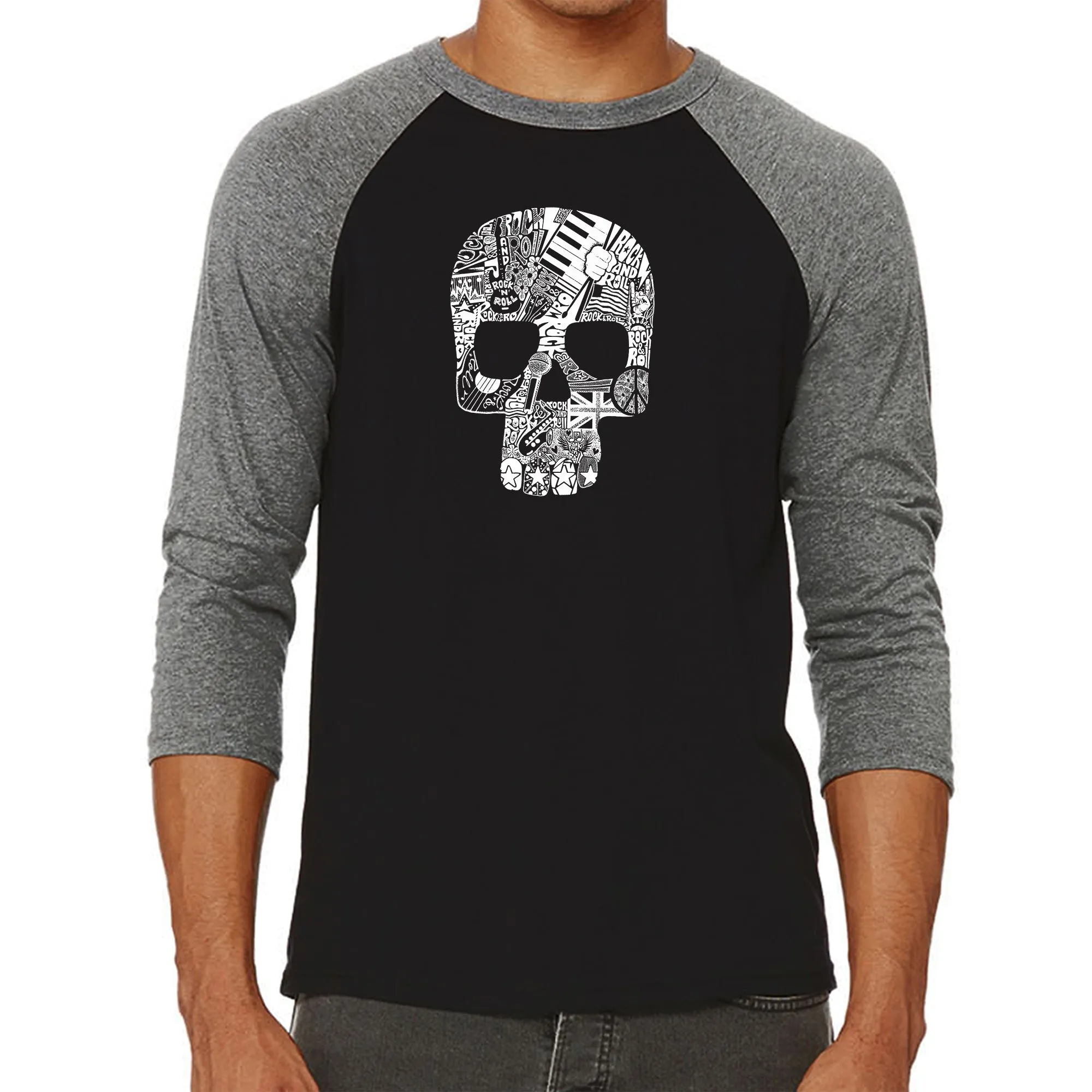 Rock n Roll Skull - Men's Raglan Baseball Word Art T-Shirt sold by LA Pop Art product image thumbnail 4