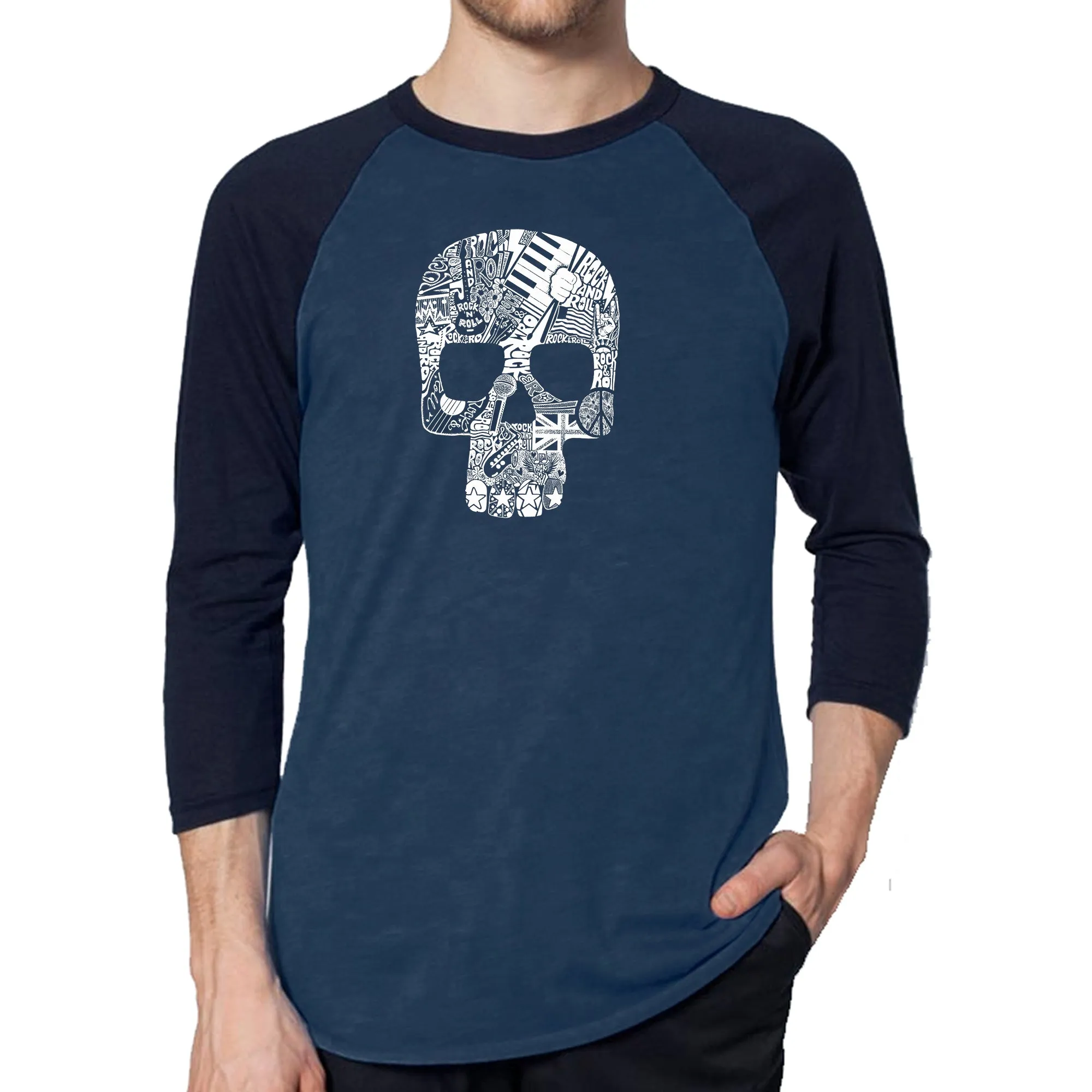 Rock n Roll Skull - Men's Raglan Baseball Word Art T-Shirt sold by LA Pop Art product image thumbnail 3