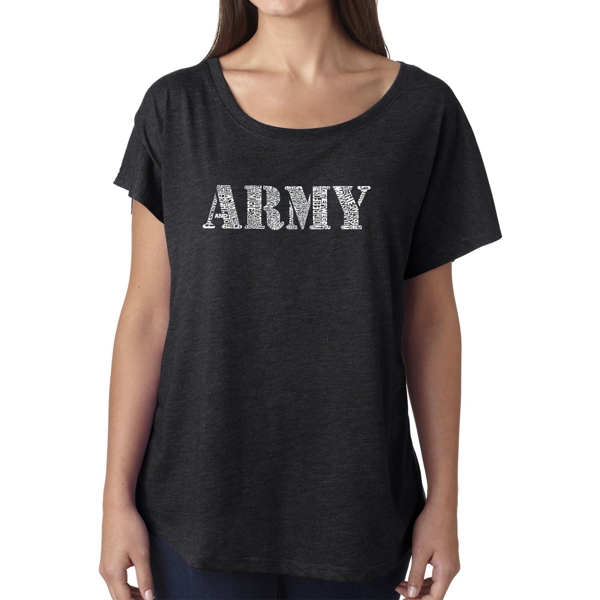 LA Pop Art Women's Dolman Word Art Shirt - LYRICS TO THE ARMY SONG sold by LA Pop Art