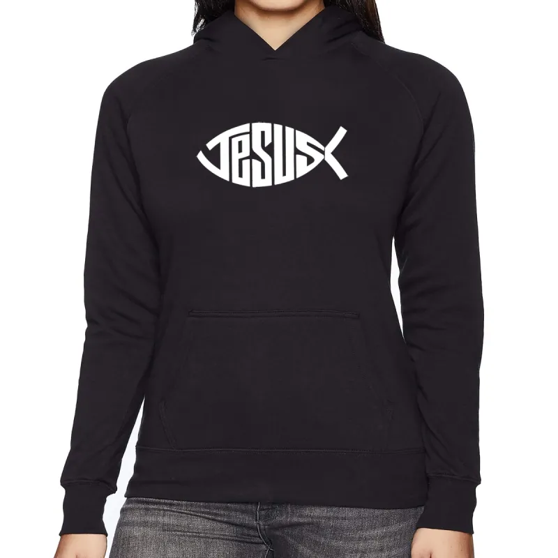 Christian Jesus Name Fish Symbol - Women's Word Art Hooded Sweatshirt sold by LA Pop Art