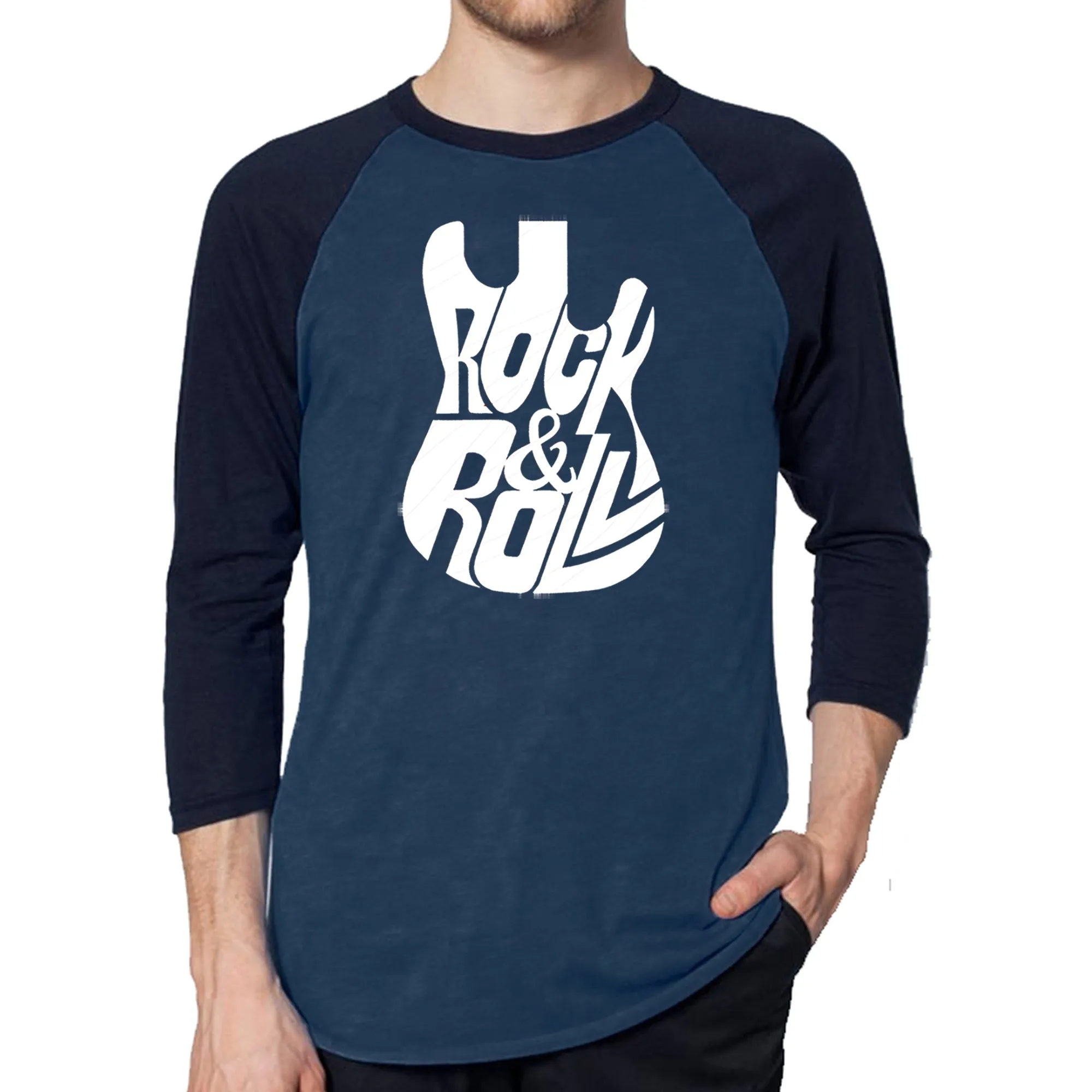 Rock And Roll Guitar - Men's Raglan Baseball Word Art T-Shirt sold by LA Pop Art product image thumbnail 3