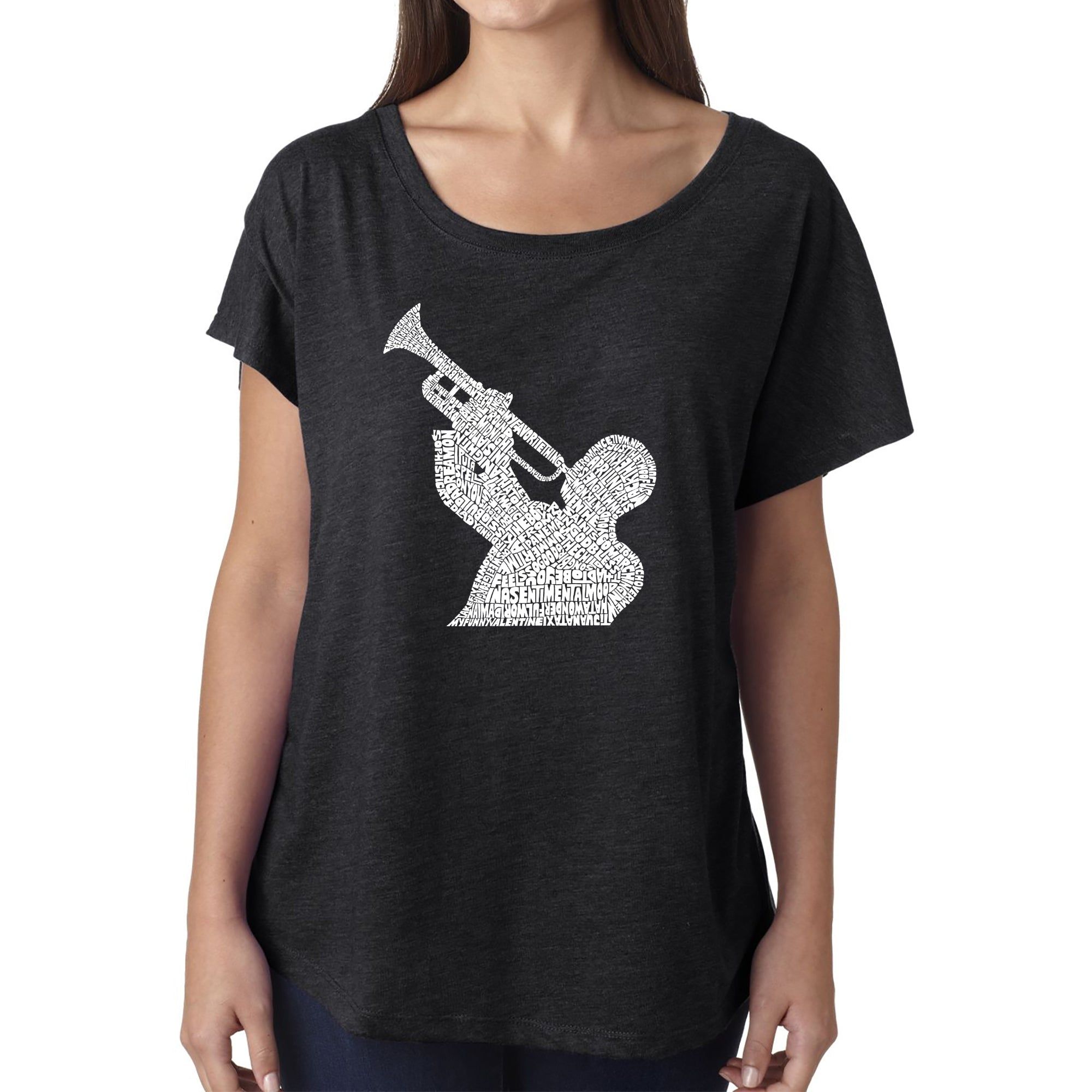 LA Pop Art Women's Dolman Word Art Shirt - ALL TIME JAZZ SONGS sold by LA Pop Art