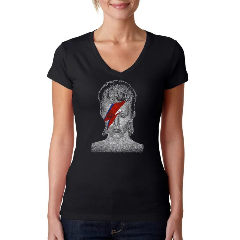 David Bowie Aladdin Sane  - Women's Word Art V-Neck T-Shirt sold by LA Pop Art