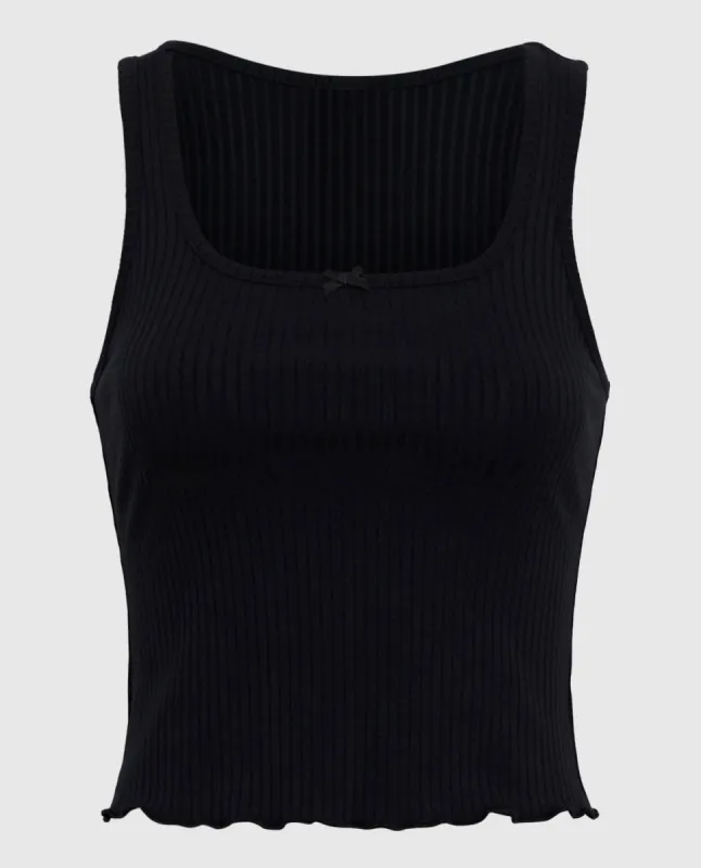 Ribbed Pajama Top with Bow in Smoulder Black sold by La SENZA