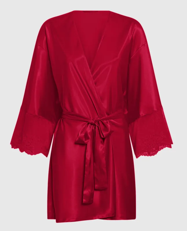 Satin Robe with Lace Trim Sleeve in Cosmo Red sold by La SENZA