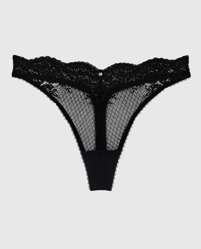 Lace High Leg Thong Panty in Smoulder Black sold by La SENZA