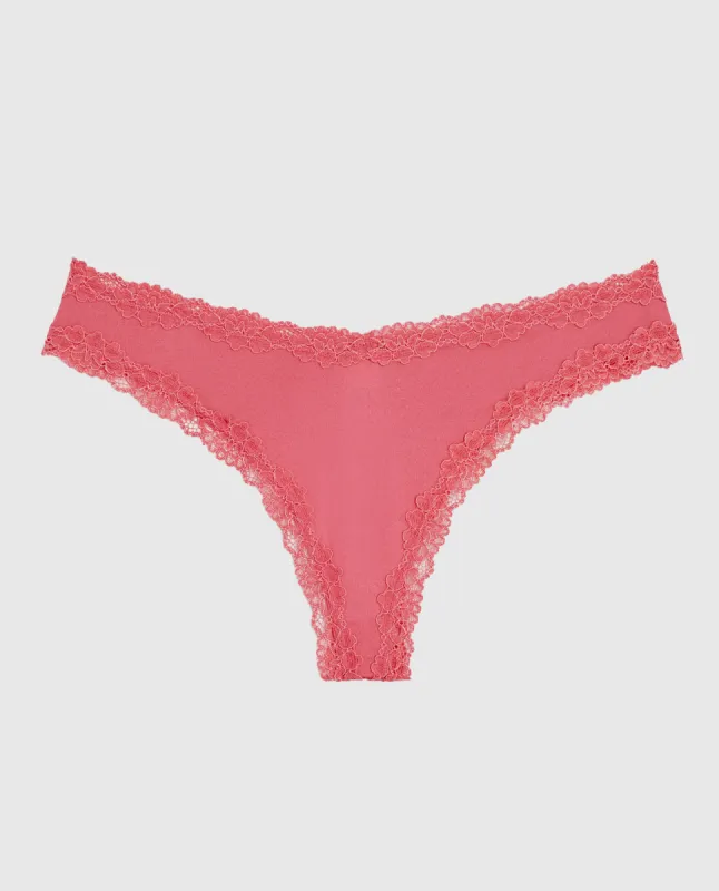 Thong Panty with Lace Trim in Romantic Pink sold by La SENZA