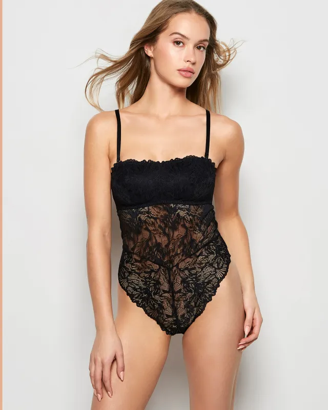 Allover Lace Open Back Bodysuit in Tuxedo Black sold by La SENZA