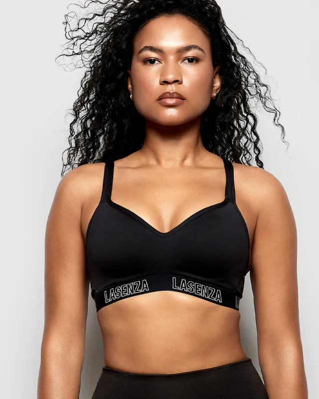Medium Impact Logo Sports Bra in Tuxedo Black sold by La SENZA