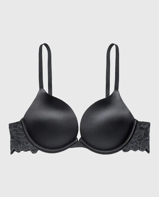 Micro cup push up bra with Reverie Lace Wing in Ebony sold by La SENZA