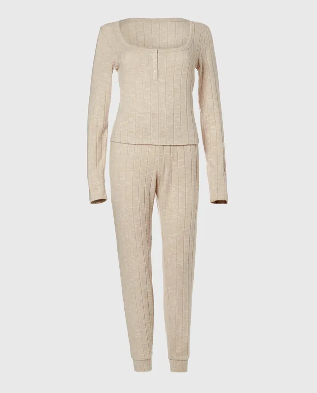 PJ Set with LS Logo Patch in Cozy Light Oatmeal sold by La SENZA