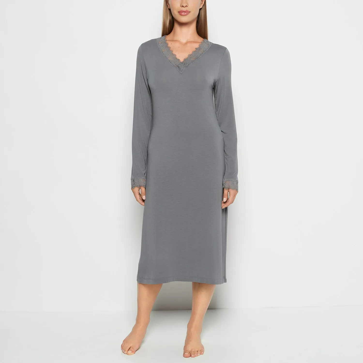 Modal with Lace V-Neck Sleep Shirt in Smoked Pearl sold by La SENZA