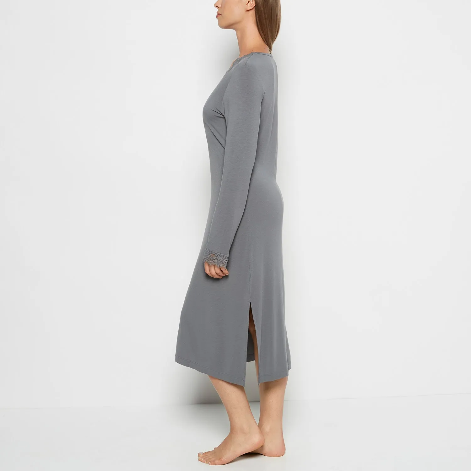 Modal with Lace V-Neck Sleep Shirt in Smoked Pearl sold by La SENZA product image thumbnail 2