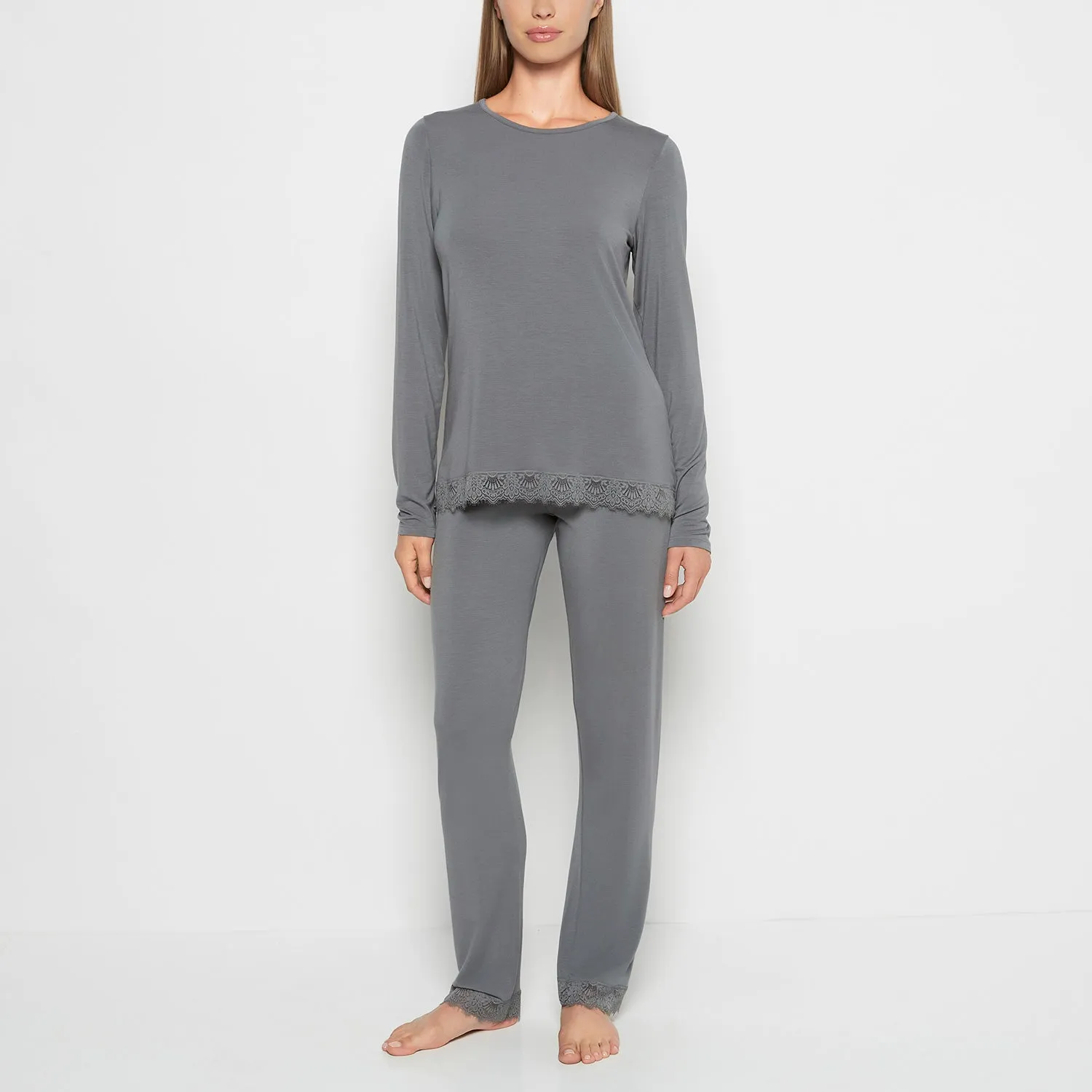 Modal with Lace Trim Sleep Set in Smoked Pearl sold by La SENZA