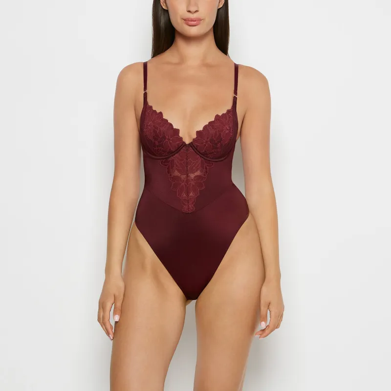 Push Up Demi bodysuit with reverie lace cup in Russian Ruby sold by La SENZA