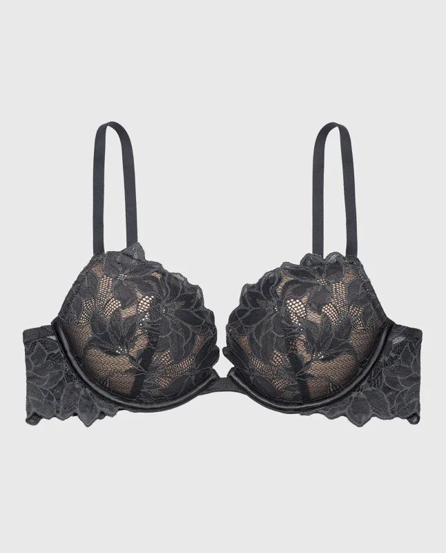 Push up bra with all over Reverie Lace in Ebony sold by La SENZA