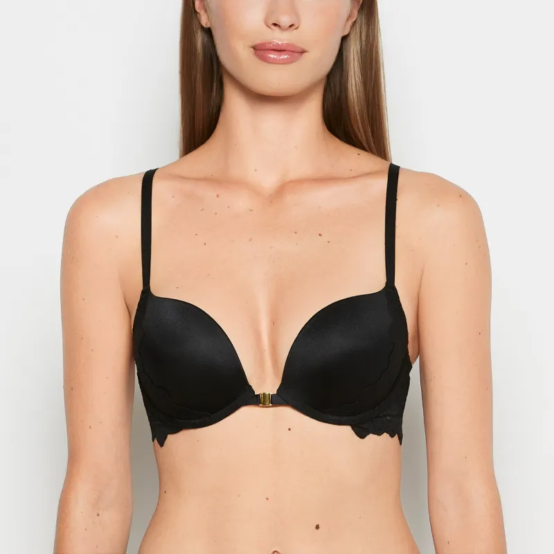 Front Close Push Up Bra with Reverie Lace in Tuxedo Black sold by La SENZA