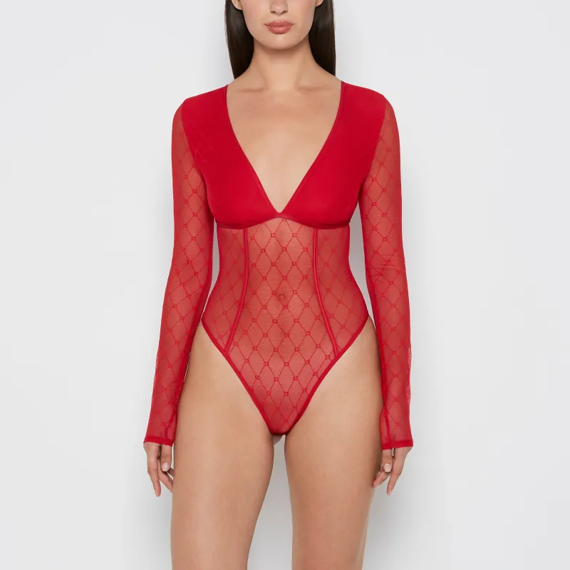 Long Sleeve Mesh Bodysuit in Crimson sold by La SENZA