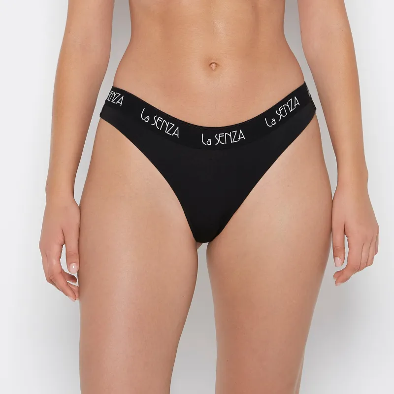 Thong Panty with Art Deco Logo in Tuxedo Black sold by La SENZA