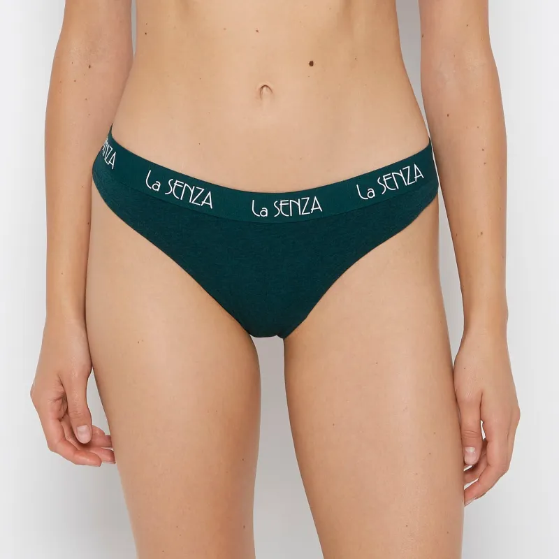 Thong Panty with Art Deco Logo in Emerald Green Heather sold by La SENZA