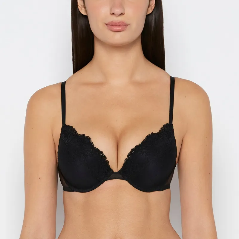Plunge Opulent Lace Bra with Mesh Cups in Tuxedo Black sold by La SENZA