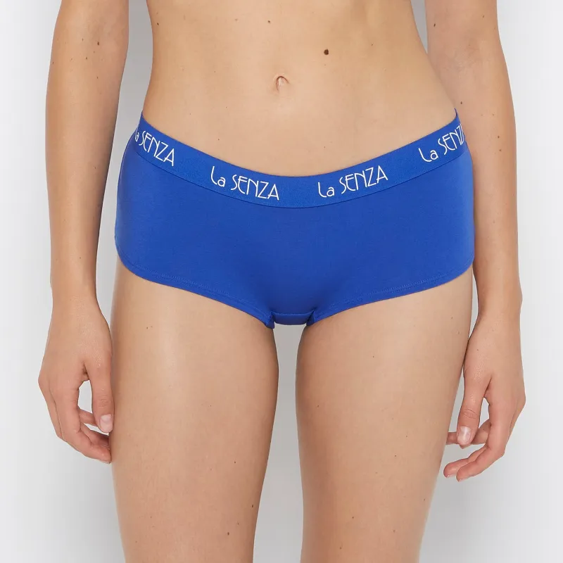 Art Deco Logo Cotton Boyshort Panty in Dazzling Blue sold by La SENZA