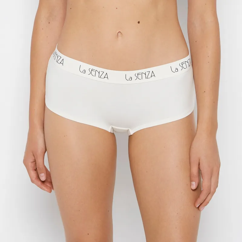 Art Deco Logo Cotton Boyshort Panty in Egret sold by La SENZA