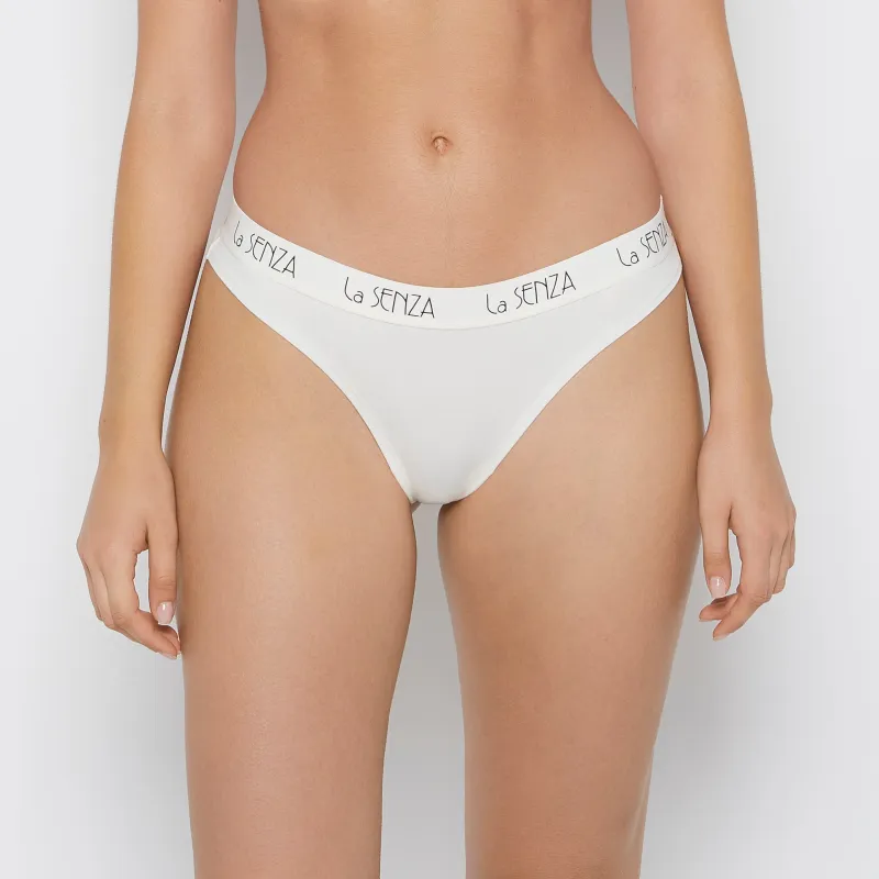 Art Deco Logo Cotton Thong Panty in Egret sold by La SENZA