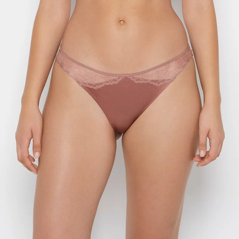 Thong Panty With Lace Micro Trim in Deer sold by La SENZA