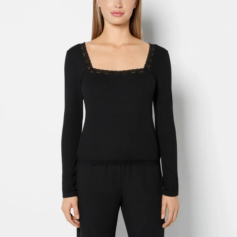 Casual Sleep Ribbed Long Sleeve Top With Lace Trim in Tuxedo Black sold by La SENZA