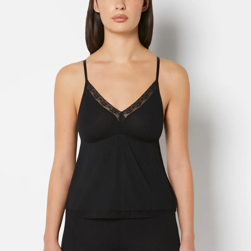 Casual Sleep Ribbed V Neck Tank With Lace Trim in Tuxedo Black sold by La SENZA