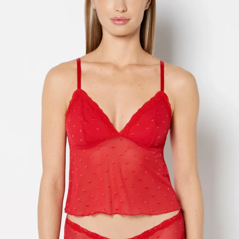 Cami With Heart Mesh And Lace Trim in Crimson sold by La SENZA
