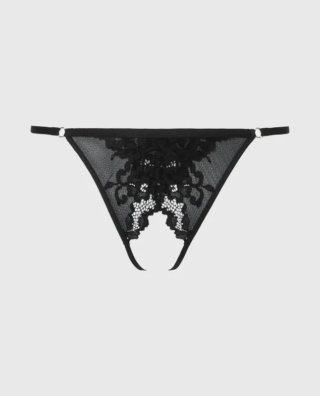 Crotchless G-String with Romantic Lace in Tuxedo Black sold by La SENZA