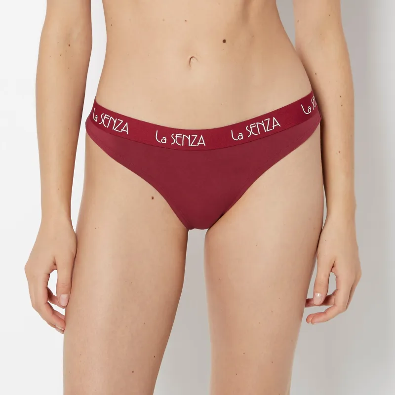 Thong Cotton Panty with Art Deco Logo Band in Plum Rose sold by La SENZA