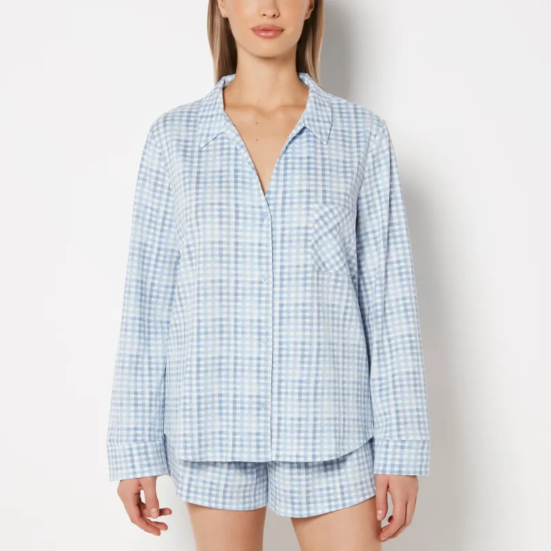 Casual Sleep Long Sleeve Button Down in a Textured Knit in Breezy Gingham made by La SENZA