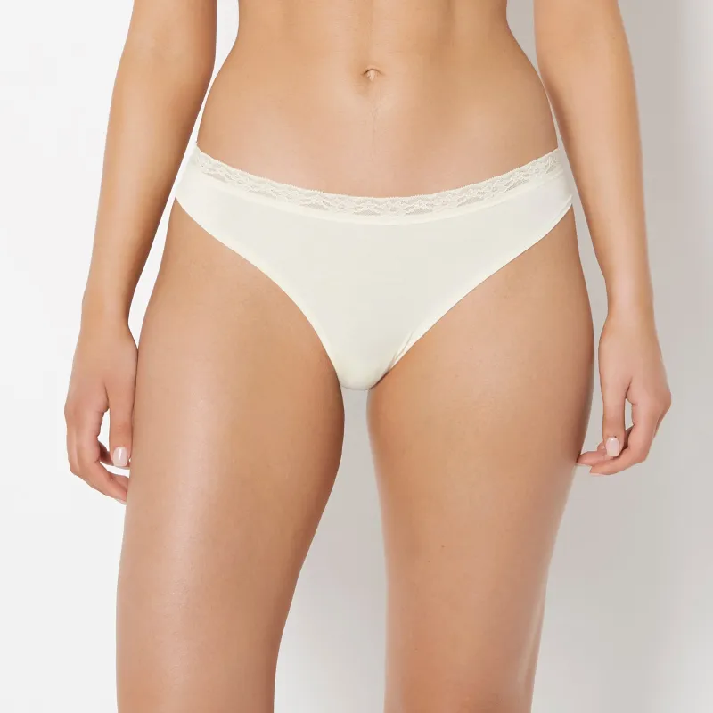 Ultrasoft Modal Cheeky Thong Panty with Lace Trim In Lemon Icing sold by La SENZA