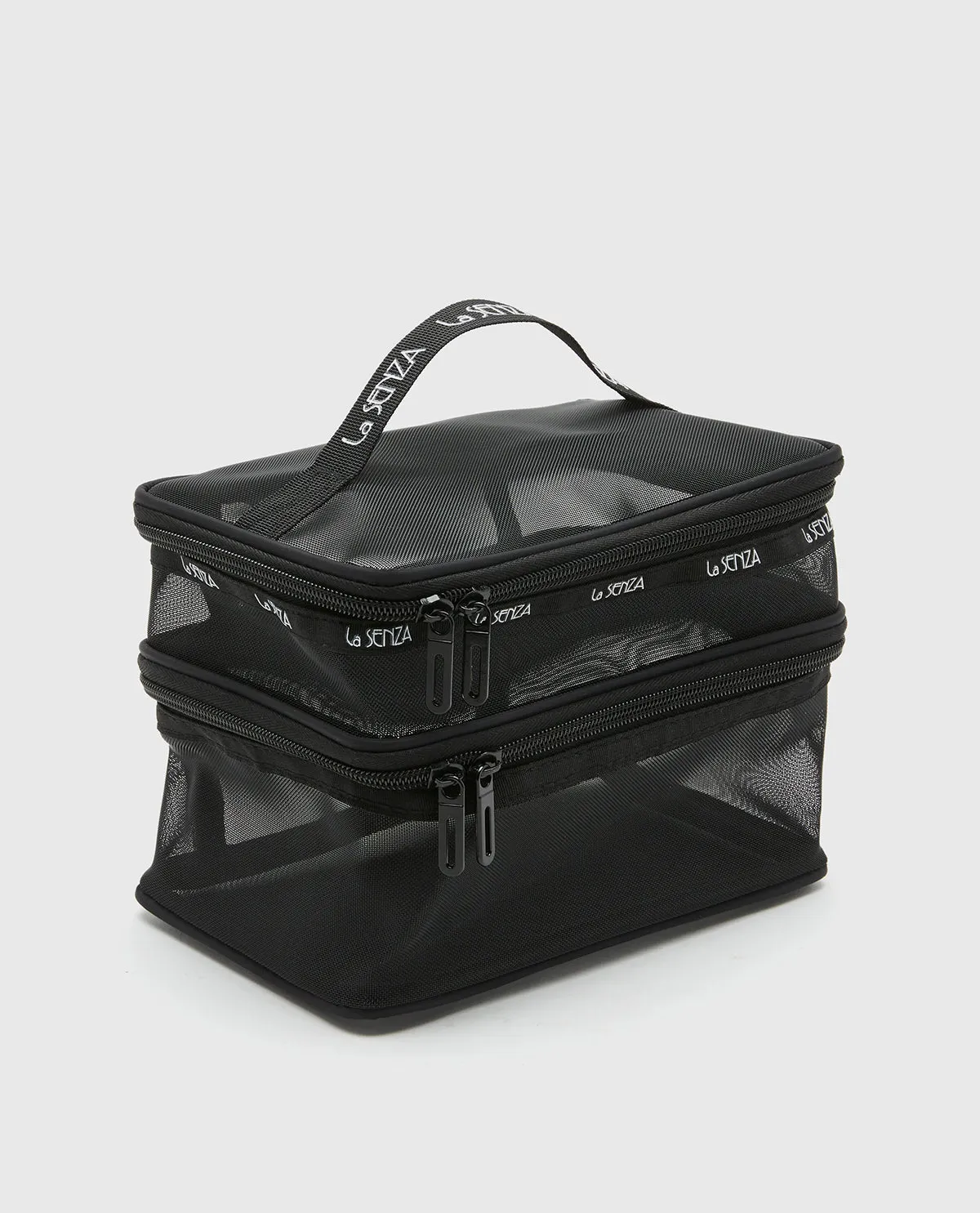 Mesh Cosmetic Case in Tuxedo Black sold by La SENZA