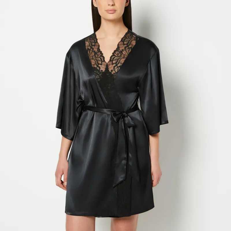 Satin Robe with Lush Lace Trim in Tuxedo Black made by La SENZA