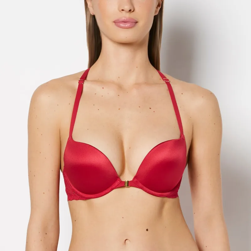 Push Up Plunge Bra Front Close Lush Lace Back in Passion Red made by La SENZA