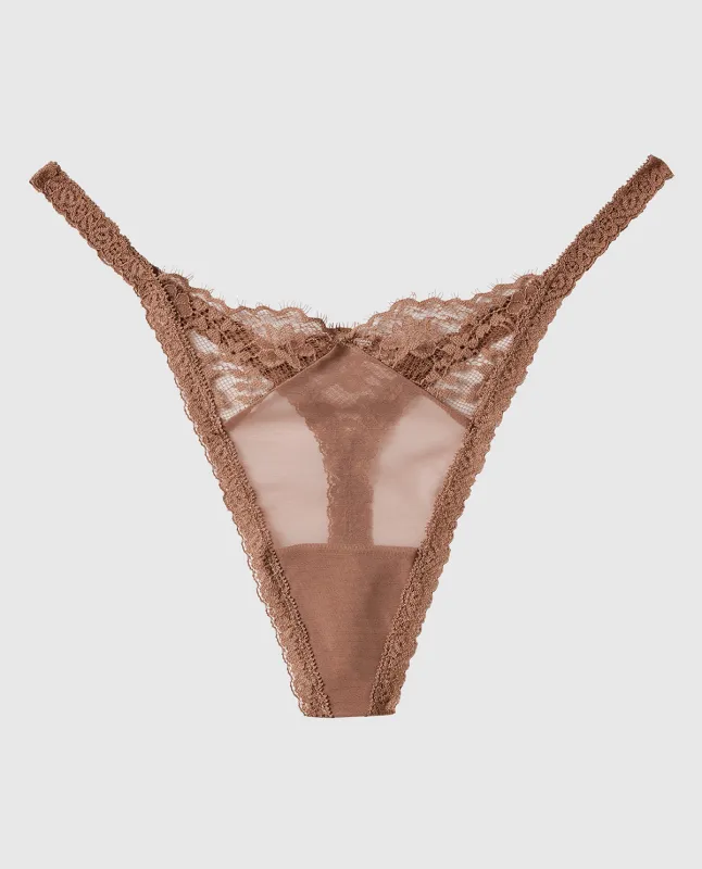 Lace High Leg Thong Panty in Chocolate Mousse made by La SENZA
