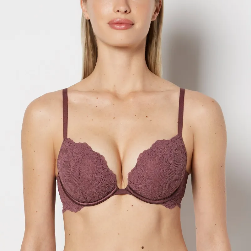 Push Up Plunge Bra with Timeless Lace in Plum Wine made by La SENZA